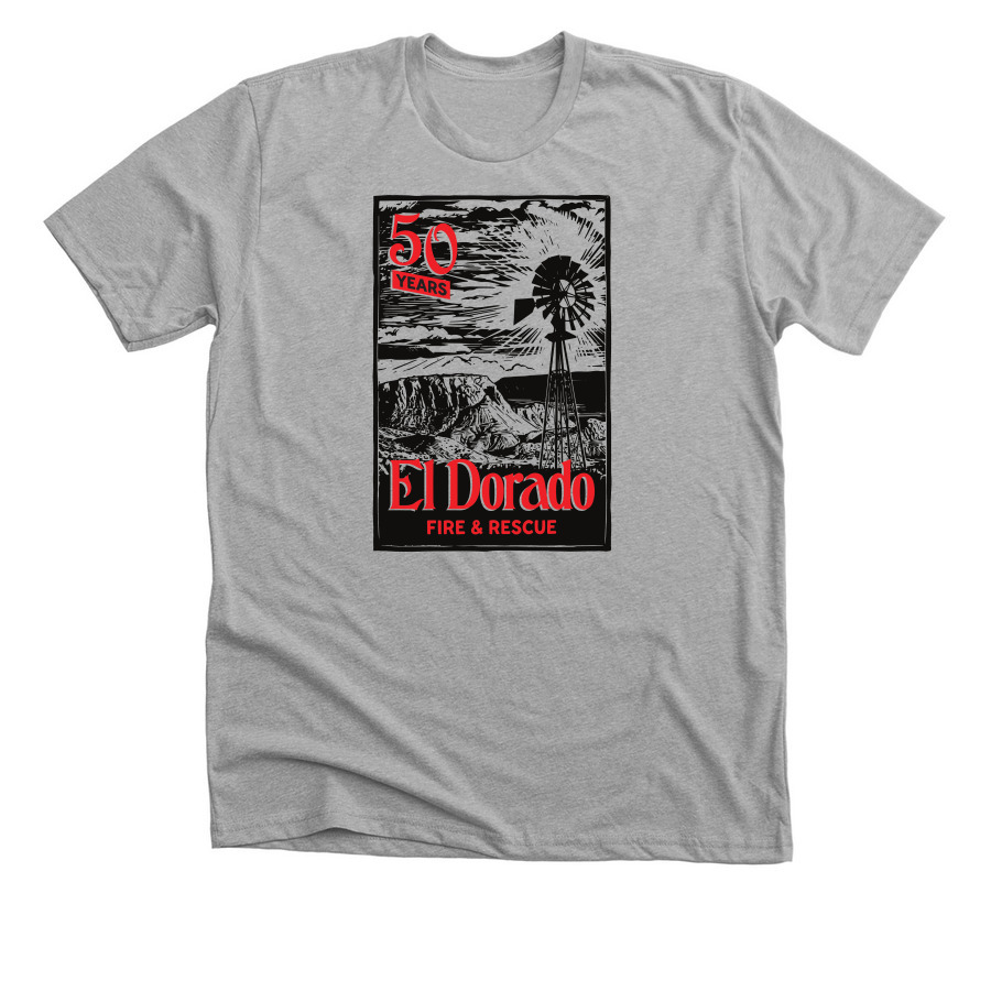 The 50th anniversary t-shirt: a black-and-red woodcut of a windmill over the mesa, reading El Dorado Fire & Rescue, 50 Years.